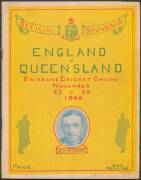 1946 scarce programme "Official Souvenir, England v Queensland, Brisbane Cricket Ground, November 22 to 26, 1946". Colourful and attractive, minor faults.