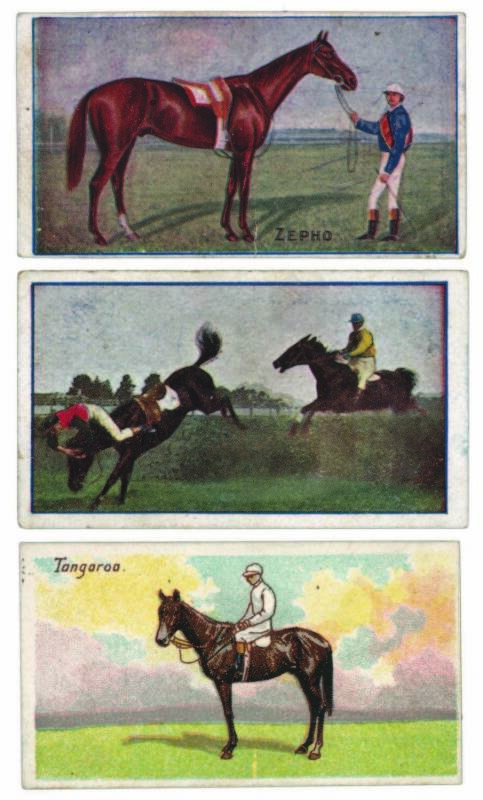 c1906-20s horse racing cards, noted 1906 Sniders "Melbourne & Sydney Cup Winners" [29/56]; 1906 Wills "Melbourne Cup Winners" [11/45]; 1907 Sniders "Australian Racehorses" [40/57]; 1911 Sniders "Australian Racing Scenes"[9/40]; Thorp's "Australian Jockeys