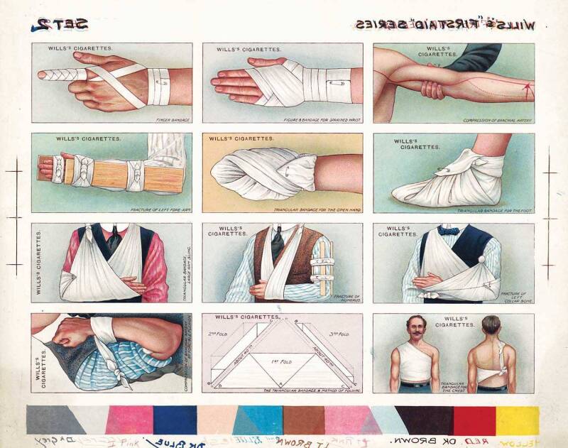 PROOF SHEETS: 1913 Wills "First Aid" [50]; plus 1914 Wills "Overseas Dominions (Canada)" [50]. Each in four uncut proof sheets. G/VG.