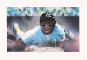 RICKEY HENDERSON (all time stolen base record holder in major league baseball), limited edition print by Keith Millar, signed by Henderson & the artist, framed & glazed, overall 65x93cm. With CoA.