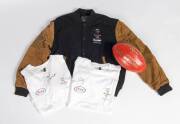 SPORTS GROUP, noted "Sherrin" football signed Shane Crawford; Sydney 2000 T-shirts (2) signed Sam Riley & Grant Hackett; mini-bat signed Ricky Ponting; Milo Gary Ablett jacket; Sydney 2000 jacket; signed Brisbane poster.