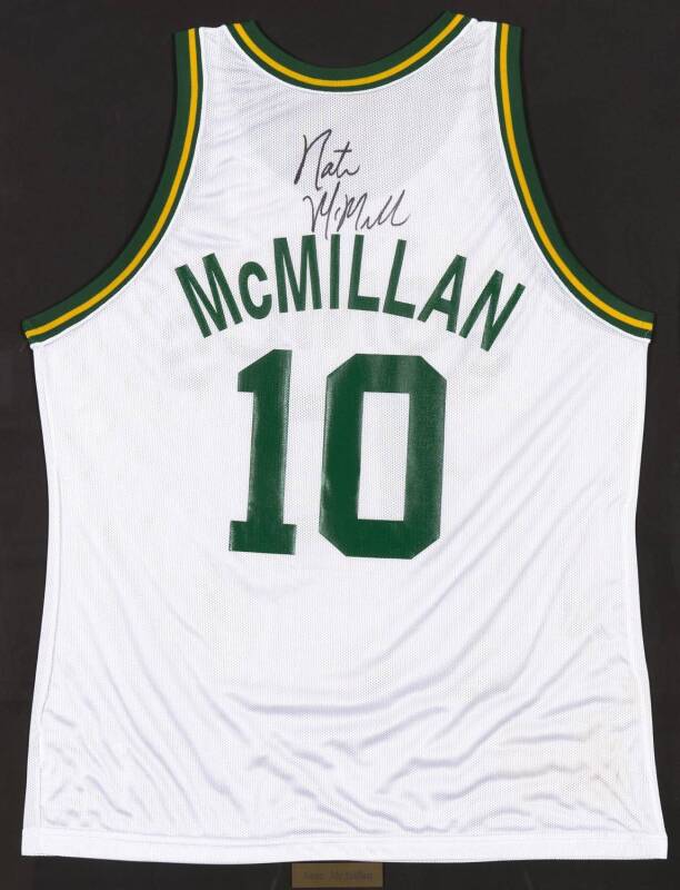 NATE McMILLAN, signature on Seattle SuperSonics basketball singlet, framed & glazed, overall 71x92cm. With CoA.