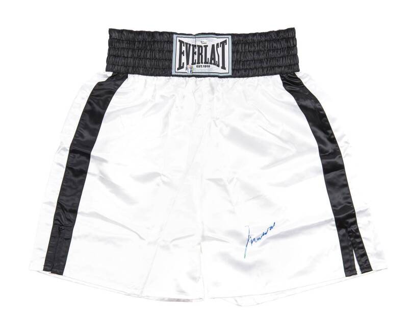 MUHAMMAD ALI, signature on pair of 'Everlast' boxing shorts with black band & trim. With 'Online Authentics' No. OA-8099030.