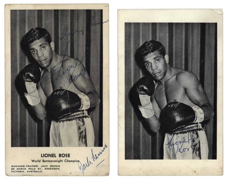 LIONEL ROSE, postcards (2), both signed by Lionel Rose, one additionally signed by Jack Rennie.