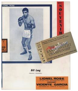 LIONEL ROSE: Original ticket Mar.8 1969 World Bantamweight Championship at Kooyong Stadium, Lionel Rose v Alan Rudkin; plus 1969 programme Lionel Rose v Vicente Garcia & 1968 "The Sun" newspaper supplement featuring Lionel Rose.