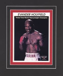 SIGNED DISPLAYS: Evander Holyfield & Sugar Ray Leonard signed photographs, both window mounted, framed & glazed, largest 60x70cm. Both with CoAs.