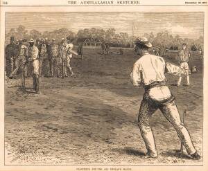 CRICKET ENGRAVINGS, 1873-86, "The All England Eleven v Eighteen of Victoria"; "Practising for the All England Match"; & "International Cricket Match on the Ground of the Germantown Club". All framed, various sizes.