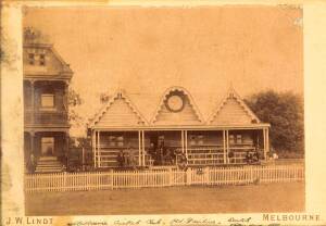 MELBOURNE CRICKET GROUND: Original albumen photograph on J.W.Lindt, Melbourne mount, endorsed "Melbourne Cricket Club - Old Pavilion, Erected &nbsp; , Taken down 1881", framed & glazed, overall 28x20cm.