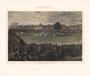 1882 engraving "The Cricket-Match, Australia v England, at Kennington Oval", from 'The Illustrated London News' Sept.2 1882, lovely scene from this historic match that created the legend of 'The Ashes', window mounted, framed & glazed, overall 78x68cm.