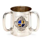 1893 8th AUSTRALIAN TEAM TO ENGLAND: Silver three-handled Loving Cup, decorated with enamel Coat-of-Arms, engraved "ToJohn Hart Esq, From the 8th Australian Eleven, As A Mark of Esteem", and also engraved with names of Australian cricketers - W.Bruce, A.C