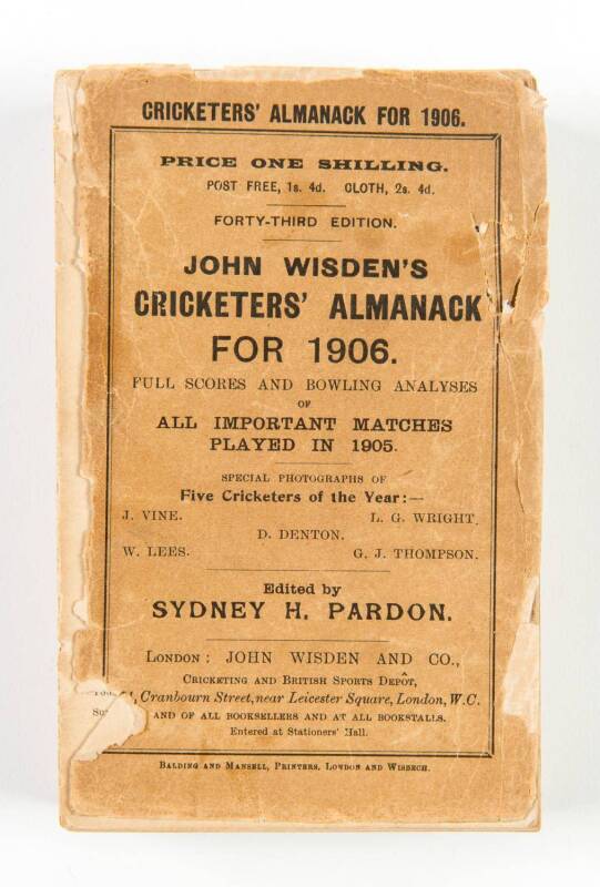 "Wisden Cricketers' Almanack for 1906", original paper wrappers. Fair/Good condition (covers loose & spine damaged).