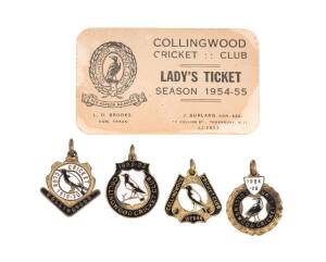 COLLINGWOOD CRICKET CLUB, membership badges for 1919-20, 1922-23, 1923-24, 1924-25, 1926-27, 1938-39 & 1955; plus Lady's Ticket for 1954-55. Scarce.