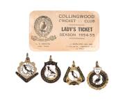 COLLINGWOOD CRICKET CLUB, membership badges for 1919-20, 1922-23, 1923-24, 1924-25, 1926-27, 1938-39 & 1955; plus Lady's Ticket for 1954-55. Scarce.