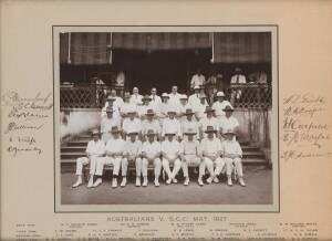 1927 AUSTRALIAN TEAM (W.A.S.Oldfield's XI Tour of Malaya & Singapore), team photograph, signed on mount by team, 11 signatures - Charles Macartney, Sam Everett, Edward Adams, J.P.Sullivan,  E.F.Rofe, Mick Bardsley, Herbert Gamble, Bill Woodfull, Bert Oldf