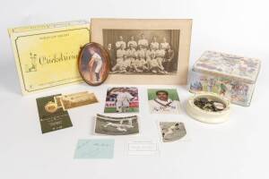 BALANCE OF CRICKET COLLECTION, noted cricket autographs (c75 items); key rings collection in tin; 1930s cricket supplements; artwork for Australian cricketers prints (8); "Cricketrivia" game. Inspection will reward.