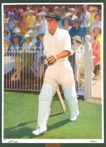 BRADMAN'S WALK TO GLORY, print by Colin Dudley, limited edition 40/99, signed by Bradman & the artist. Framed & glazed, overall 114x148cm.  