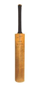 1947-48 AUSTRALIA v INDIA, full size "Shaw & Shrewsbury" Cricket Bat signed on reverse by both teams, with 29 signatures including Don Bradman, Lindsay Hassett, Sid Barnes (scarce), Lala Armanath & Vijay Hazare. Bat varnished, so signatures in good condit