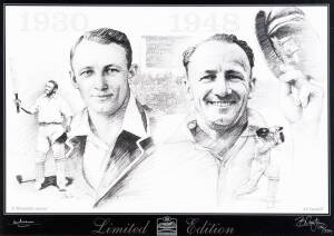 DON BRADMAN, "A Memorable Summer/48 Farewell" limited edition print by Brian Clinton published by the Bradman Museum, signed by Don Bradman and the artist & numbered 134/334, window mounted, framed & glazed, overall 79x62cm.