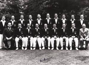 DON BRADMAN, signature on reprinted photograph of 1948 Invincibles team, window mounted, framed & glazed, overall 55x45cm. With CoA.