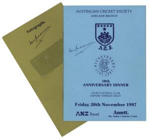 DON BRADMAN: 1984 & 1987 Australian Cricket Society menus, both signed by Don Bradman.