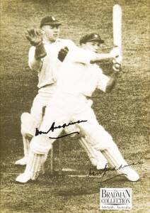 DON BRADMAN, display comprising signature on piece, window mounted with print by Brian Clinton, framed & glazed, overall 60x73cm. Plus small framed action photograph signed by Bradman.