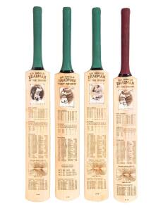 1996 Heritage/Futera "Sir Donald Bradman" complete set [4], all signed by Don Bradman, and each affixed to a Cricket Bat with details of Bradman's career.