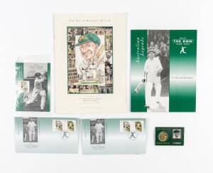 DON BRADMAN, signature on front cover of programme "The Grand Bradman Dinner, in honour of Sir Donald Bradman's 90th Birthday, 27th August 1998". Plus $5 Coin, P.O.Pack, FDCs (2) & maxi cards (2).