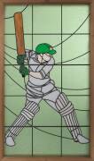 DON BRADMAN LEADLIGHT WINDOW, attractive stained glass window, artwork by Stephen Morgan, with small plaque at top engraved "No.1 The Don, Stephen Morgan, 2001", framed, overall 77x130cm