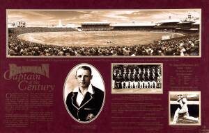 DON BRADMAN: Display "Bradman - Captain of the Century", with signature on photo of 1931 Australia v South Africa Test at the SCG, window mounted with photos of Bradman & 1948 Invincibles team, limited edition 168/250, framed & glazed, overall 120x82cm. W