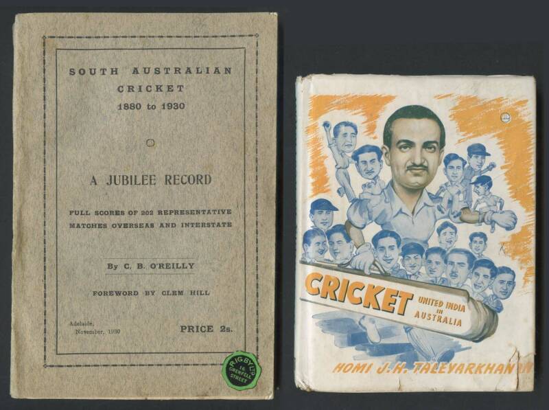 CRICKET BOOKS, noted "South Australian Cricket 1880-1930 - A Jubilee Record" by C.B.O'Reilly [Adelaide, 1930]; 1947 book "Cricket: United India in Australia" by Homi J.H. Taleyarkhan, "Wisden Cricketers' Almanack" for 1964 & 1965; 1963-79 ABC Cricket book