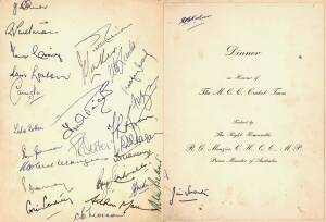 1958-59 England tour to Australia: Menu&nbsp;"Dinner in Honour of The M.C.C. Cricket Team. Hotel Canberra, Canberra. Tuesday, 10th February 1959" with 27 signatures inside including Prime Minister Robert Menzies, Jim Laker, Ian Craig, Ian Johnson, Freddie Brow