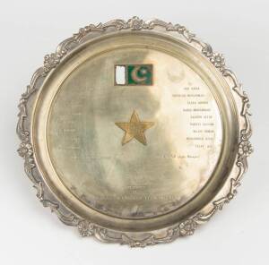 1972-73 PAKISTAN TOUR TO AUSTRALIA: Silver-plated plate, with Pakistan emblem to centre, engraved "Presented By Pakistan Cricket Team 1972-73", and names of the touring squad. Fair condition.&nbsp;Ex Lindsay Hassett collection.