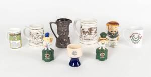 CRICKET CERAMICS: 1977 Centenary Test Character Jug, made by Bendigo Pottery, with heads of Greg Chappell & Tony Greig; Staffordshire W.G.Grace character jug; tankards (2); mugs (2); VB Boonie & Botham figures.