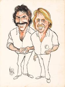 Caricature of Dennis Lillee & Jeff Thomson by Norm Mitchell, ink & watercolour on board, overall 38x50cm.