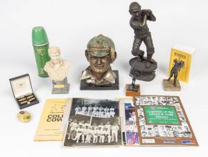 BALANCE OF COLLECTION, group with cricket statuettes, vinyl records, souvenirs & ephemera. Noted Don Bradman & Richard Hadlee busts;&nbsp;"The History of the Cricket Bat" & "The Development of the Cricket Bat" MCC displays with 1/7th scale bats. Inspection wil