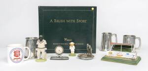 BALANCE OF COLLECTION, group with large collection of cricket figurines, tankards & mugs, souvenirs & collectables including cricket ball clock, lighter & flask; plus book "A Brush With Sport - Paintings by Richie Ryall" signed by the artist. Inspection w