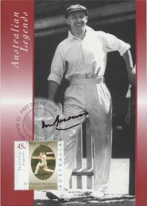 DON BRADMAN, lovely signatures on "Australian Legends - Sir Donald Bradman" maxi cards (2) & postcards (2). Superb condition.