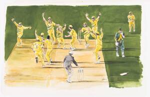 1999 WORLD CUP: Original watercolour by Harv (Paul Harvey) depicting Australia's historic semi-final victory against South Africa.