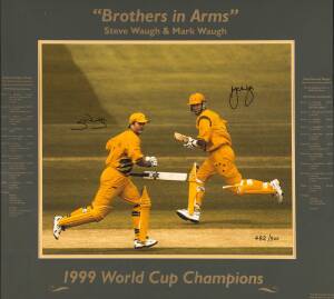 STEVE & MARK WAUGH, display "Brothers in Arms/ Steve Waugh & Mark Waugh/ 1999 World Cup Champions", comprising large colour action photograph signed by both, numbered 482/500, window mounted, framed & glazed, overall 91x81cm. With CoA.