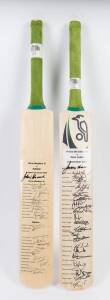 SIGNED CRICKET BATS, noted 2005 Prime Ministers XI v West Indies, full size Cricket Bat with 24 signatures including John Howard (Prime Minister), Justin Langer, Mitchell Johnson & Brian Lara; plus 2005 Prime Ministers XI v Pakistan with 26 signatures. Go
