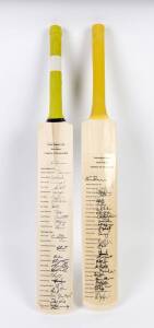 SIGNED CRICKET BATS, noted 2009 Prime Ministers XI v New Zealand, full size Cricket Bat with 26 signatures including Kevin Rudd (Prime Minister), Justin Langer, Phillip Hughes & Daniel Vettori; plus 2010 Prime Ministers XI v West Indies with 26 signatures