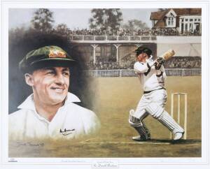 "Legends of Cricket Series - Sir Donald Bradman" by Dave Thomas, size 57x51cm. Wholesale quantity - signed by Don Bradman (5) & unsigned (c660).