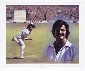 "Legends of Cricket Series - Dennis Lillee", by Dave Thomas, size 57x51cm. Wholesale quantity, signed by Dennis Lillee (c38) & unsigned (c430).