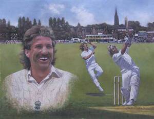 "Legends of Cricket Series - Ian Botham", by Dave Thomas, size 57x51cm. Wholesale quantity, signed by Ian Botham (c100) & unsigned (c220).