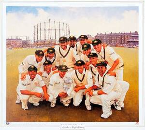 "Celebrated Australian Cricket Teams Series - Australia in England 2001" by Dave Thomas, size 60x54cm. Wholesale quantity (c610)