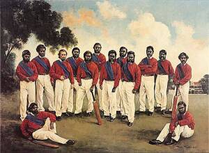 "The First Australian Cricket Team to Tour England 1868" by Dave Thomas, size 88x72cm. Wholesale quantity - with 4 signatures including John Howard & Steve Waugh (c88) & unsigned (c750).