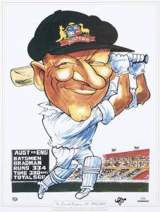 "Sir Donald Bradman A.C. 1908-2001, World Test Record Score 334 Australia vs England, Leeds 1930" by Weg (each one signed by the artist), size 39x51cm. Wholesale quantity (c750).