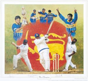 "Three Champions" by Dave Thomas, each signed by  and the artist, size 44x43cm. Wholesale quantity - signed by Muttiah Muralitharan, Arjuna Ranatunga & Aravinda de Silva (c210) & unsigned (c1300)