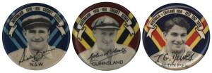 1951 Argus badges "Australia v England 1950-1951 Test Souvenir", part set of English cricketers [15/20]; plus "Australia 1950-1951 Cricket Series" [34/36] + 7 spares. Mainly G/VG..