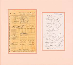 1948 AUSTRALIAN TEAM, autograph page with 17 signatures including Don Bradman, Sid Barnes, Lindsay Hassett, Keith Miller & Ray Lindwall, window mounted with&nbsp;1948 scorecard Lancashire v Australians, framed & glazed, overall 38x34cm.&nbsp;VG condition.&nbsp;